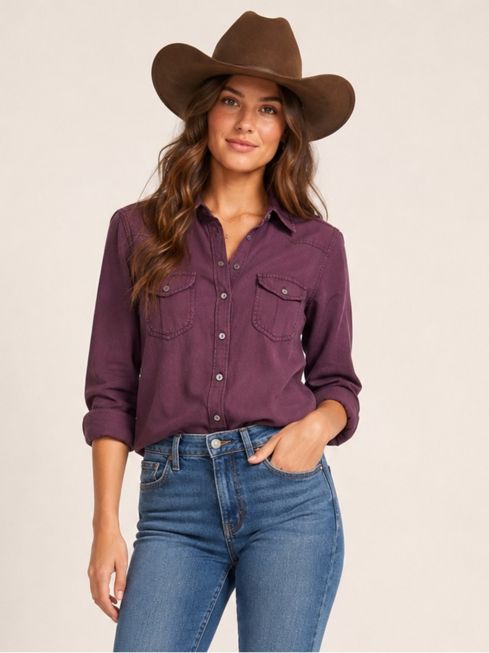 Garage Western Style 100% Cotton Button Down Shirt. Dark‎ Purple. Medium.